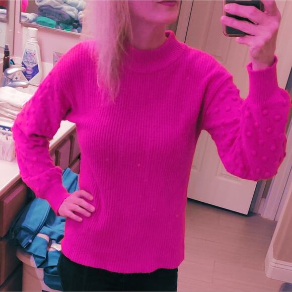 Vince Camuto Pink‎ Magenta Knit Sweater Bobble Stitch Puff Sleeve Ladies Small - Picture 2 of 15